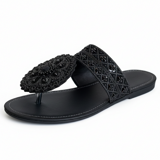 Handcrafted Black Beaded Slide Sandals