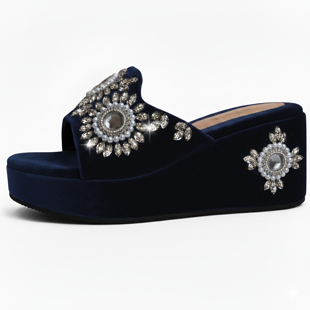 Handcrafted Velvet Crystal Wedge Sandals – Royal Festive Elegance