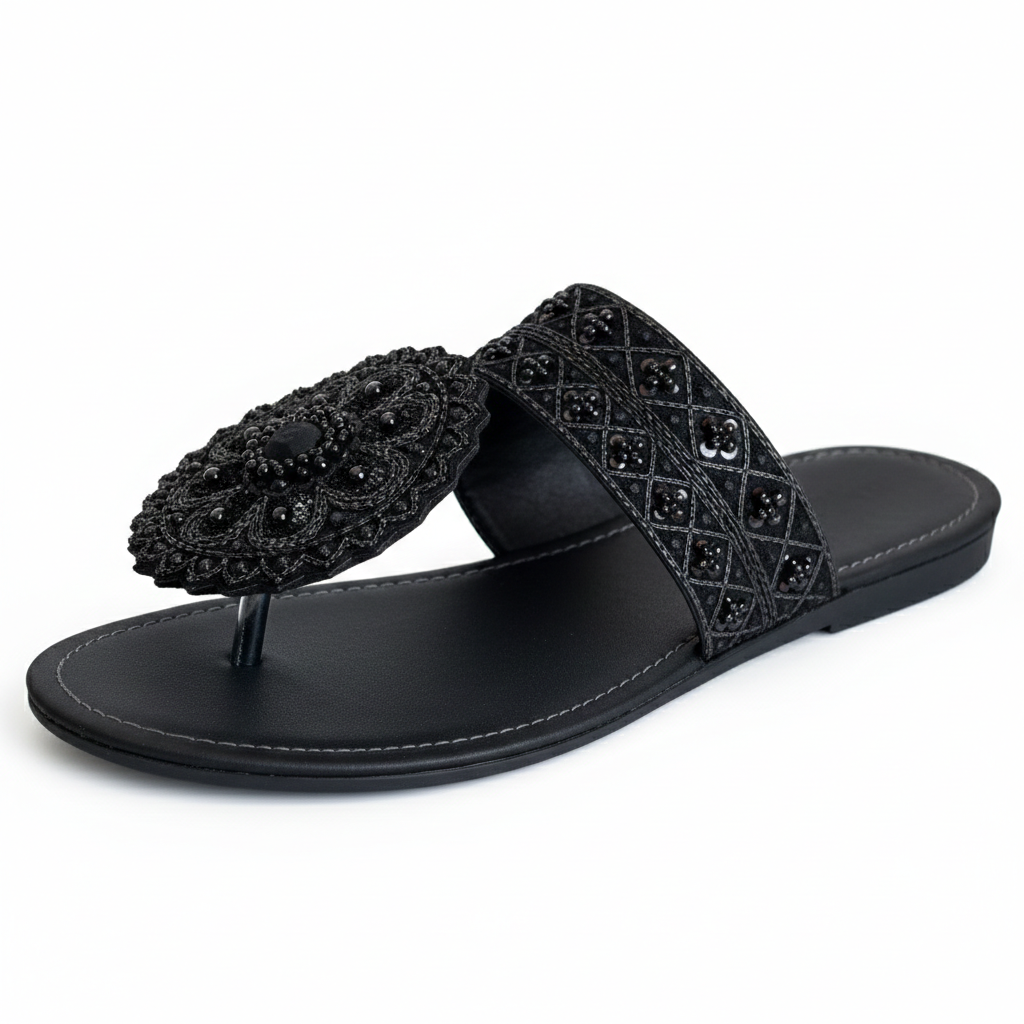 Handcrafted Black Beaded Slide Sandals