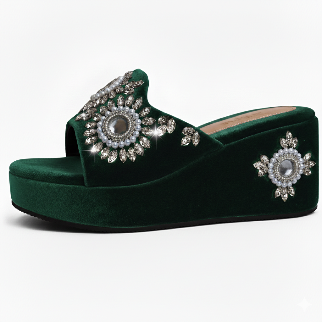 Handcrafted Velvet Crystal Wedge Sandals – Royal Festive Elegance