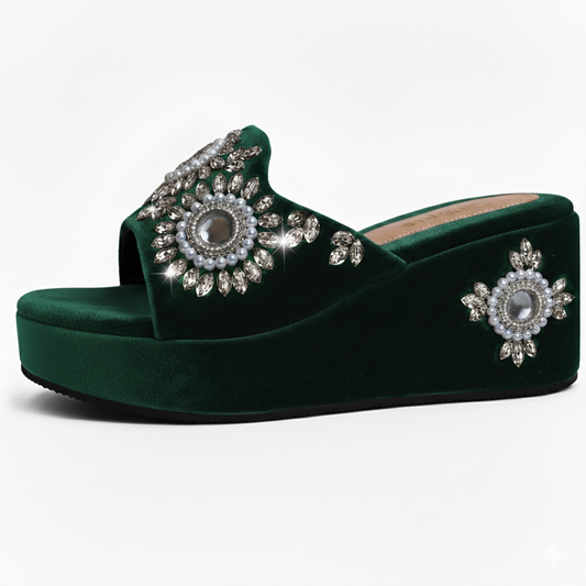 Handcrafted Velvet Crystal Wedge Sandals – Royal Festive Elegance