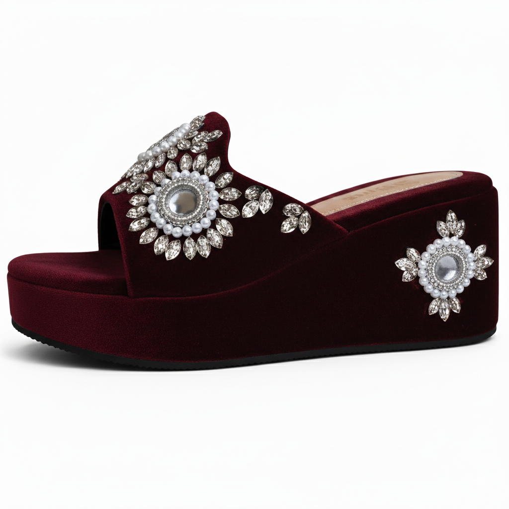 Handcrafted Velvet Crystal Wedge Sandals – Royal Festive Elegance