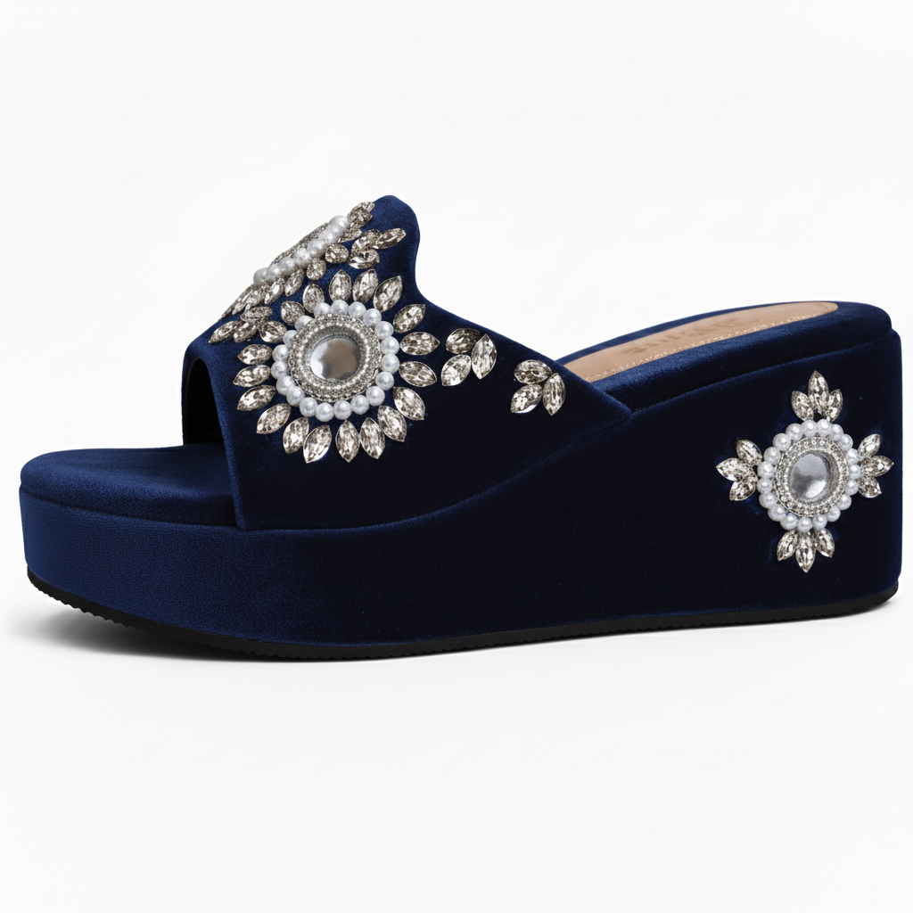 Handcrafted Velvet Crystal Wedge Sandals – Royal Festive Elegance