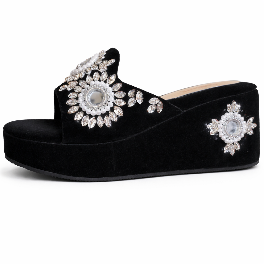 Handcrafted Velvet Crystal Wedge Sandals – Royal Festive Elegance