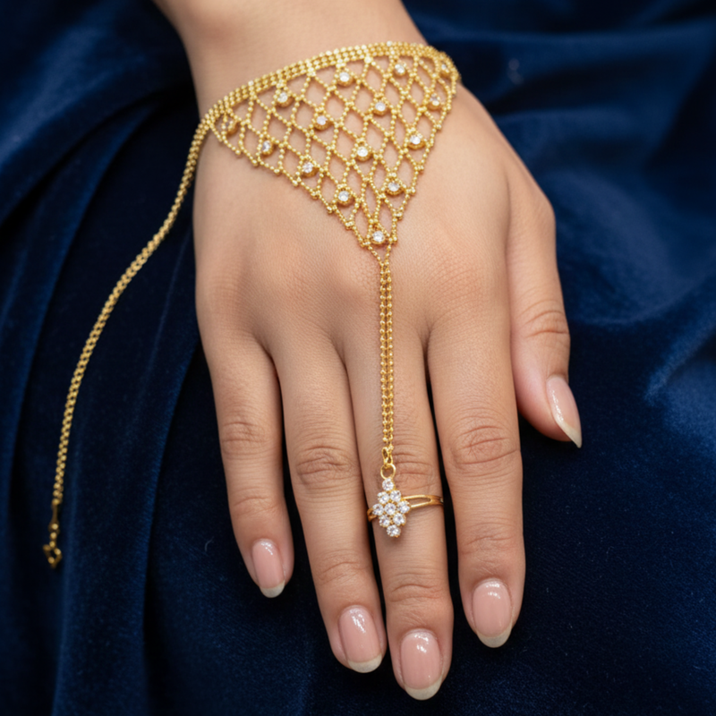 Pearl Embellished Gold Plated Hand Chain Jewelry