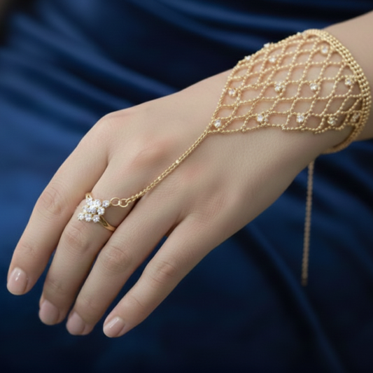 Pearl Embellished Gold Plated Hand Chain Jewelry