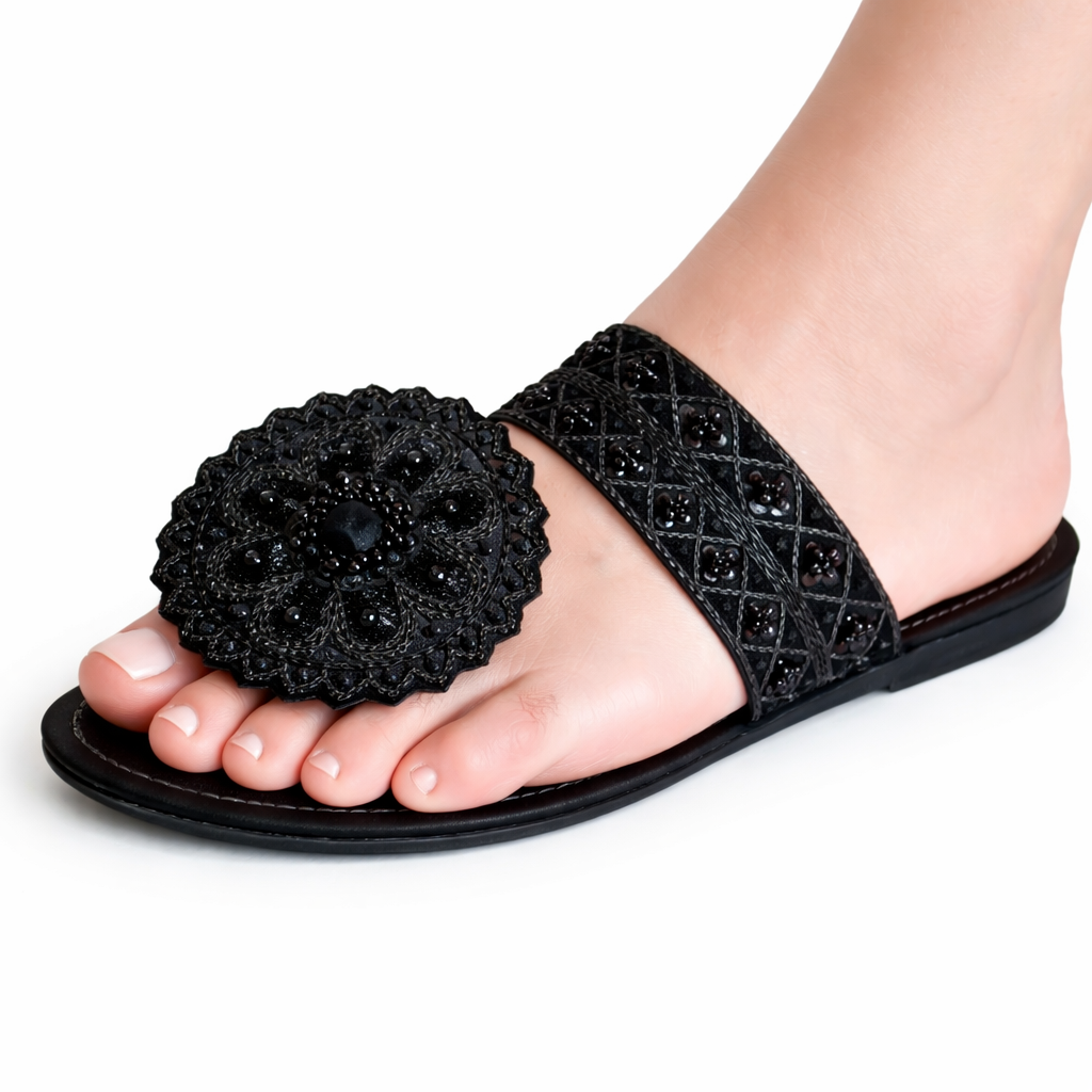 Handcrafted Black Beaded Slide Sandals
